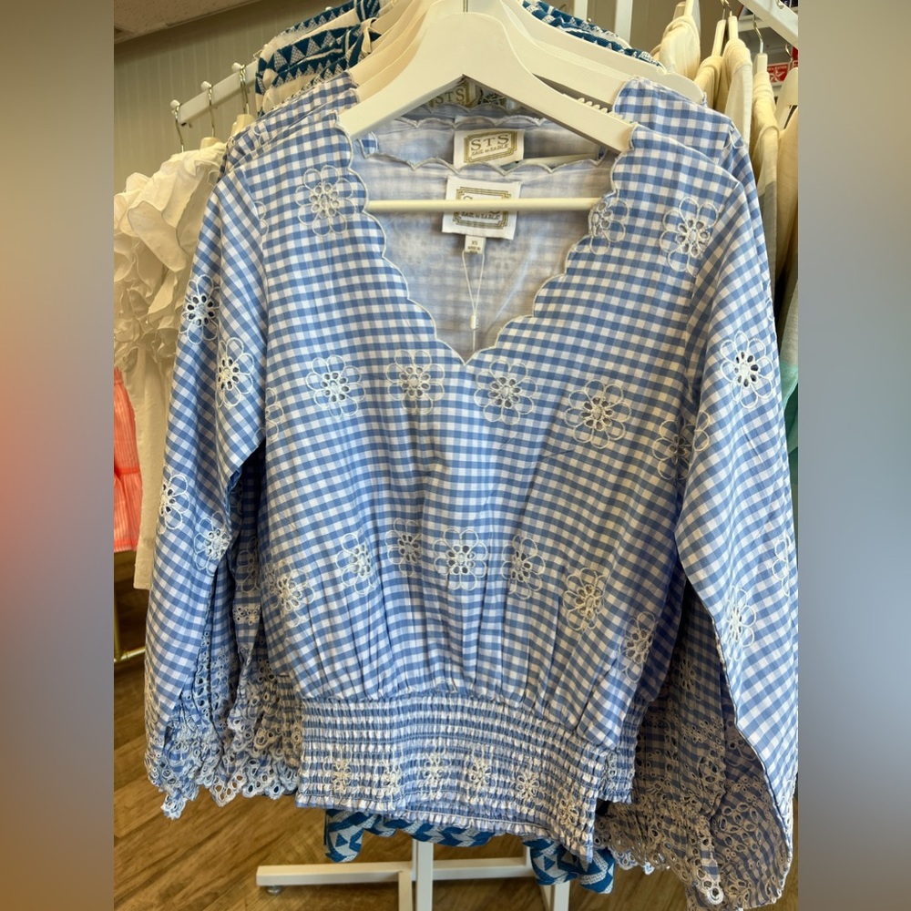 Sail to Sable - Blue Gingham V-Neck Smocked Waist Top - Picture 2 of 5
